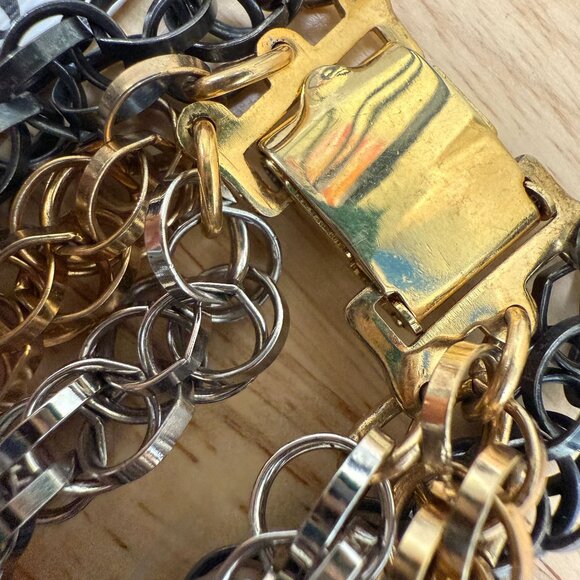 Multi-Tone Layered Chain Necklace Gold Silver & Black Metal Bold Statement - Picture 7 of 9